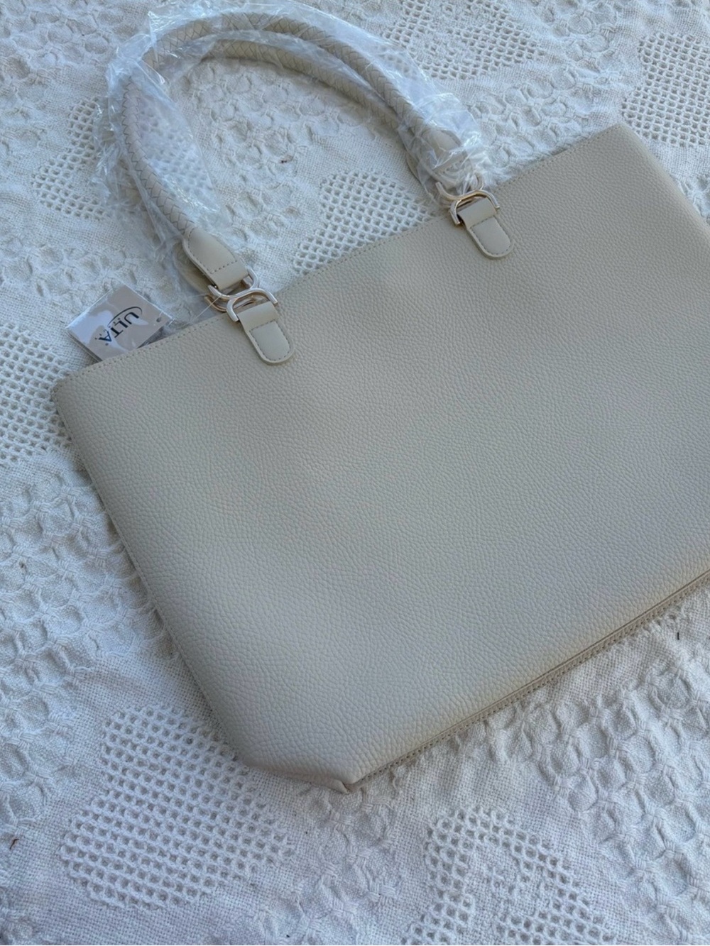 NEW Cream Faux Leather Braided Tote Bag